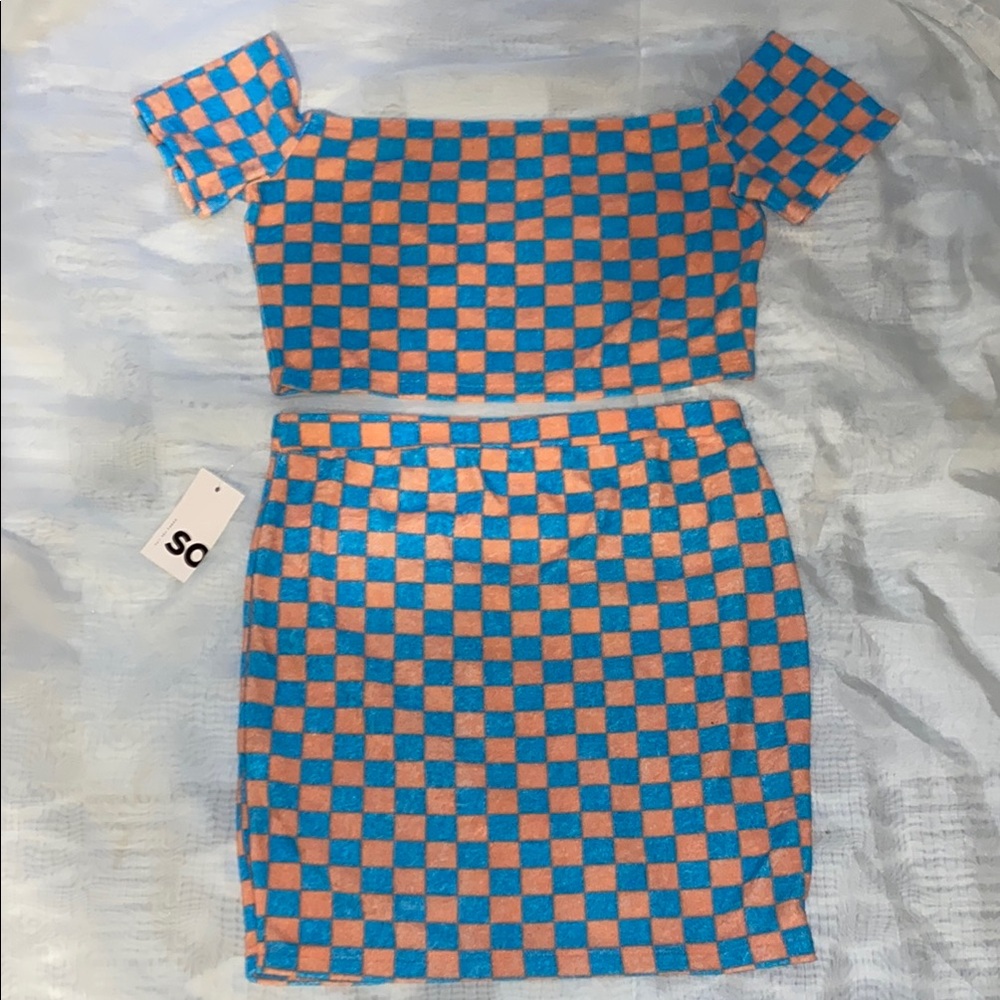 Blue and Orange Checkered Two-Piece Set